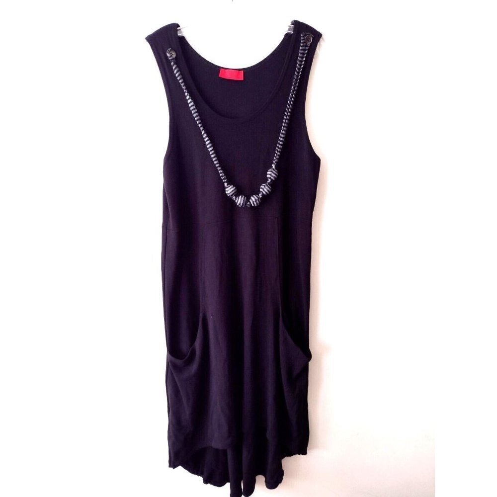 Nina Jacob Paris Sleeveless Midi Dress Lagenlook XL Black Necklace Pockets Shift